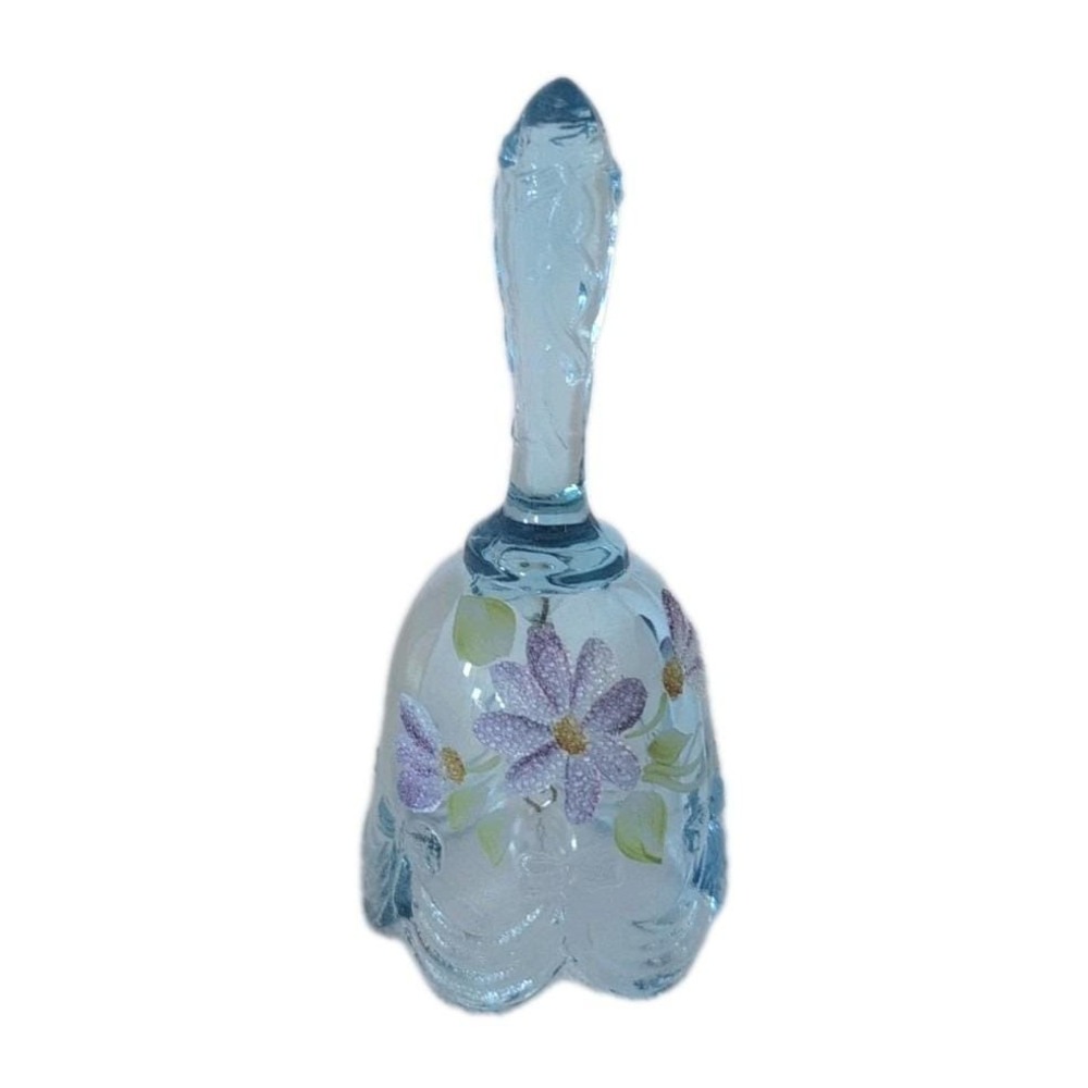 Vintage Fenton Bell Optic Glass Blue Hand Painted Flowers Signed